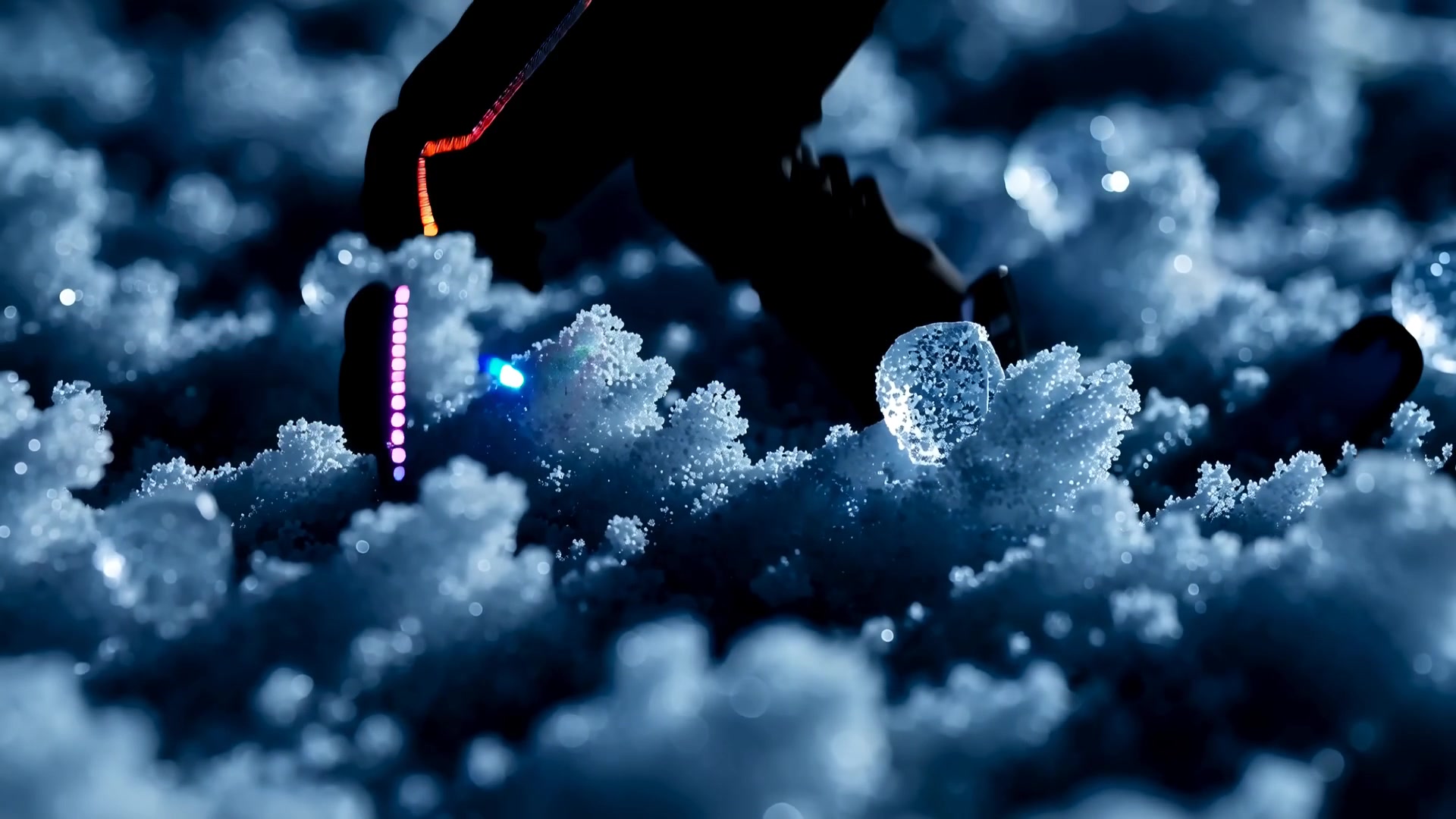 EON DESCENT / NIGHT RIDGE, Snowboarding / Near-Night / Alpine Neon Transcendence, 15 seconds. Rhythm Style: Escalating flicker → atmospheric sustained holds → micro-glitch punctuation. Every shot has dynamic camera movement.

PHASE 1: THE STACCATO AWAKENING (Chaos) 00:00:00 – 00:00:03.
Shot 001: Extreme close-up of snow crystal at night, lit by shifting RGB light (cyan-magenta-blue). Macro FPV flythrough using 100mm equivalent compression. Deep indigo shadows with neon reflections pooling in crystalline facets. Subtle frost shimmer creates prismatic refractions as camera drifts laterally.
Shot 002-004: Rapid flicker between darkness and streaks of moving colored LEDs—light trails slicing through black snowfield at 1/8 second intervals. Abstract textures: snow dust suspended mid-air, frozen breath catching neon light. Handheld shake adds organic chaos to each flash frame.
Shot 005: Inverted negative of snowboarder silhouette, LED strips glowing along suit and board edges. Colors invert—blue becomes orange, magenta shifts to green. Heavy motion blur streaks 40% frame width. Camera pushes forward aggressively.
Shot 006: Pure white flash with faint RGB ghost trails bleeding frame edges. 2-frame hold before cutting black.

PHASE 2: THE ASCENT (Transcendence) 00:00:03 – 00:00:10.
Shot 007: Wide drone shot at near-night, 200ft altitude descending slowly. Snowboarder hiking ridge line, outlined only by glowing LED strips on suit and board casting soft pools on snow. Sky is deep navy fading to violet horizon. Snow particles drift through frame.
Shot 008: Atmospheric hold on mountain silhouettes using 85mm telephoto compression. No subject movement—only subtle glow of distant lights and faint aurora banding rippling across sky. Digital grain texture breathes in shadows.
Shot 009: Profile silhouette of snowboarder adjusting bindings, 35mm lens at waist height. LED strips pulse softly in 2-second rhythm. Minimal rim light from moonlight mixed with artificial glow creates halo on breath.
Shot 010: The drop-in. Camera low angle, 24mm wide planted in snow. Snowboarder launches into descent, powder exploding into particles—snow catching RGB light like glowing dust. Tracking tilt follows subject over edge.

PHASE 3: THE DESCENT (Technical Truth) 00:00:10 – 00:00:13.
Shot 011: POV chest-mounted camera with fisheye distortion. Fast downhill motion creates tunnel-vision intensity. Snow sprays lit by shifting neon colors washing across lens. Inverted color flicker passes through frames every 6th frame. Subtle camera bob implies breathing rhythm.
Shot 012: Side tracking shot on cable rig matching 35mph speed. Snowboarder carving through powder, leaving glowing trails like bioluminescent wake. Blue-violet shadows dominate foreground, with magenta-cyan streaks following motion.
Shot 013: 1-frame strobe cluster (3 consecutive frames): full darkness, neon highlight streak bisecting frame diagonally, pure violet wash with edge burn vignette.

PHASE 4: THE FINALE (Identity) 00:00:13 – 00:00:15.
Shot 014: Extreme close-up of goggle lens reflecting neon trails cutting across snowfield in curved distortion. Eyes visible behind tinted lens—focused, lit by shifting colors dancing across iris. 50mm macro with shallow focus isolates human element.
Shot 015: Final inverted negative callback to Shot 005. Snowboarder silhouette descending into deep violet-blue darkness, LED lights forming abstract geometry. Slow zoom-out creates falling-away sensation.
Shot 016: Fade to black tail over 1.5 seconds. Final neon flicker at 0.5 seconds before complete darkness.

Color: Deep indigo/black (environment) → RGB neon (motion/light source) → violet-blue (final absorption into night). Archival Texture: Phase 2 includes subtle digital noise + light streak artifacts simulating degraded sensor capture.